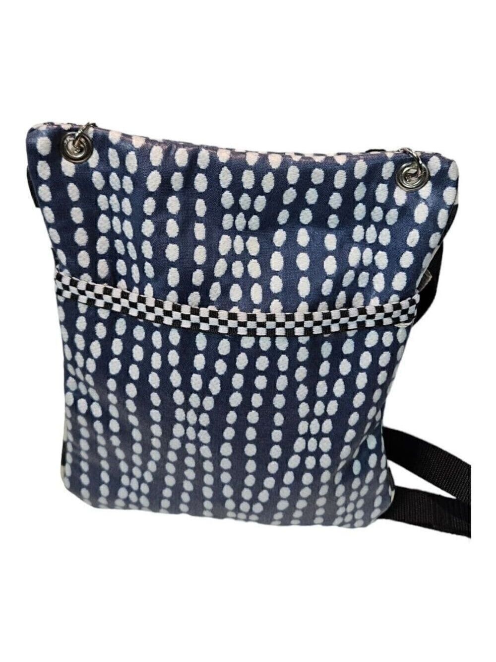 Womens Navy Blue White Wavy Dots Double Zip Bohemian Crossbody Satchel Bag - Picture 5 of 13